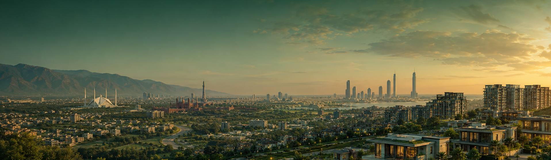 Islamabad at sunset — the Margalla Hills, Faisal Mosque and houses below the city skyline